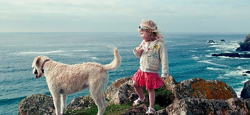 девочка с собакой на берегу